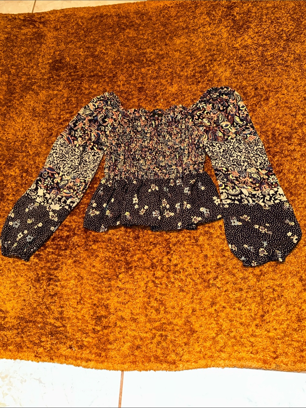 Angie Navy Mixed Floral Smocked Peasant Blouse